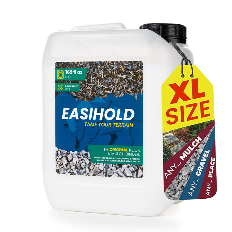 Weisser Kanister Easihold Stein und Mulchbinder in XL Groesse mit blauem Etikett