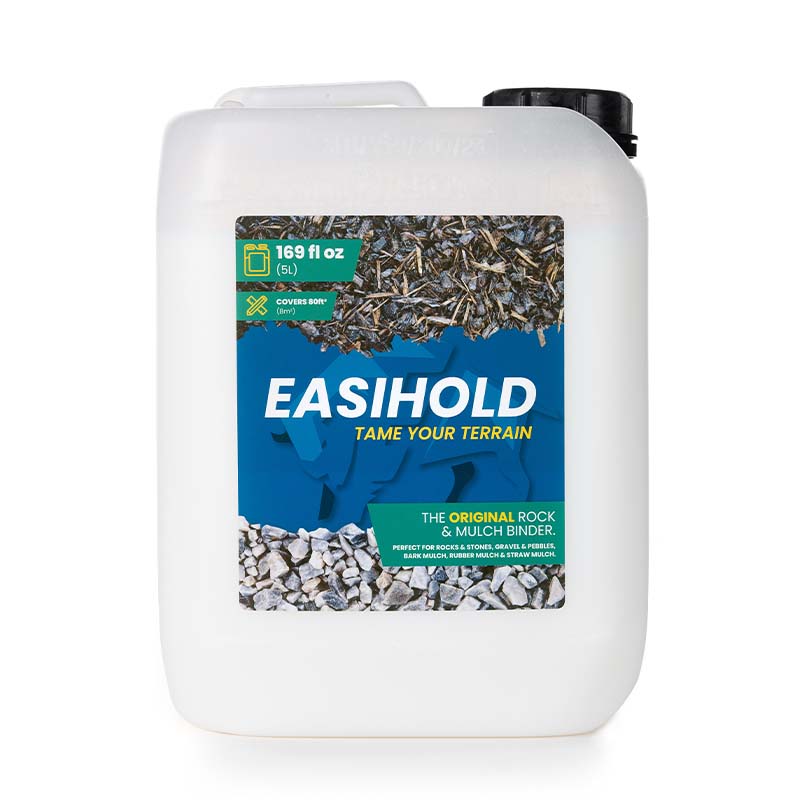 Weisser Kanister mit blauem Easihold Etikett fuer Stein und Mulch Bindemittel