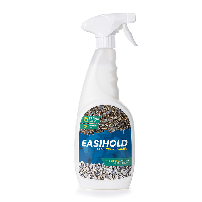 Weisse Easihold Spruehflasche mit blauem Etikett fuer Stein und Mulch Binder