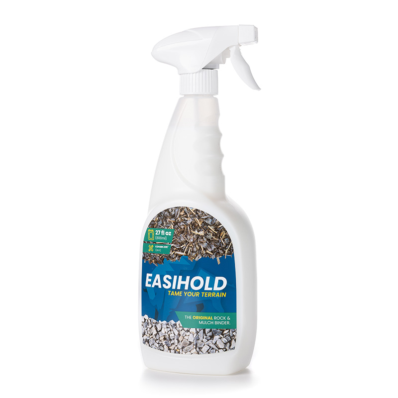 Weisse Spruehflasche Easihold mit blauem Etikett zum Binden von Stein und Mulch